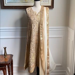 Beige Sleeveless Kurta with Mirror Work